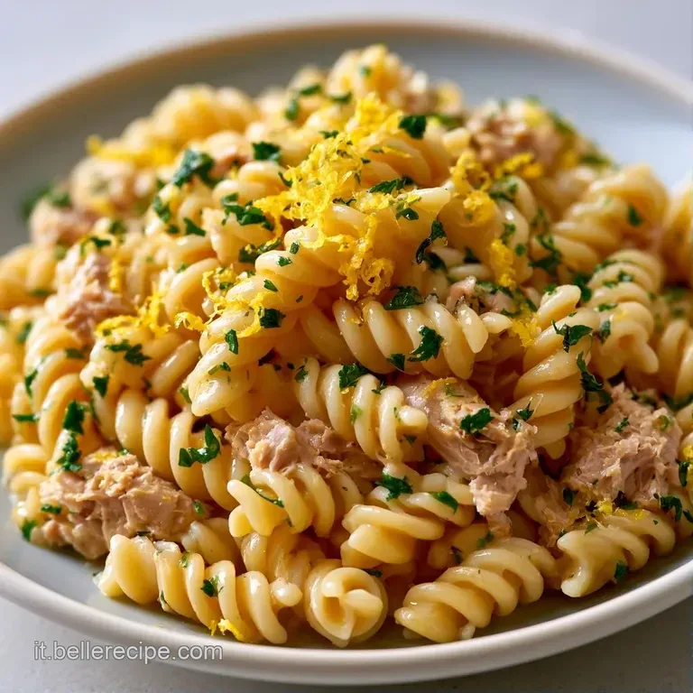 Pasta fredda disposta in un piatto bianco moderno, con gocce di salsa citrina e zeste di limone distribuite con cura.