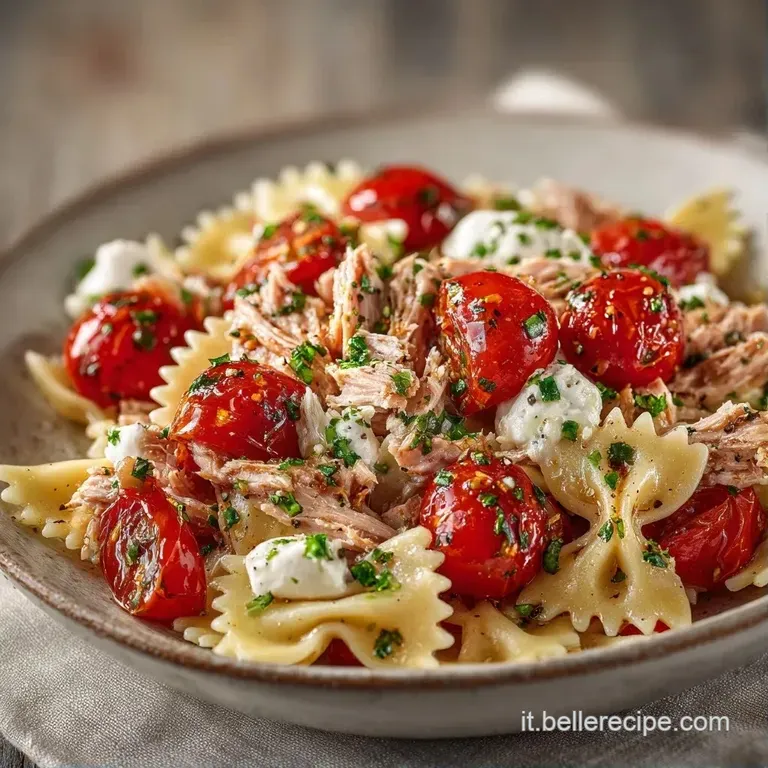 Pasta colorata in un piatto di ceramica bianca, con cubetti di formaggio bianco e pomodori rossi conditi a olio.