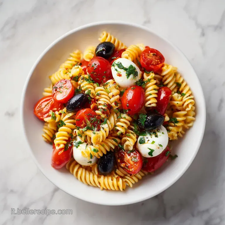Piatto bianco con pasta colorata, foglie di basilico verde brillante e un filo d'olio che luccica sotto la luce naturale.