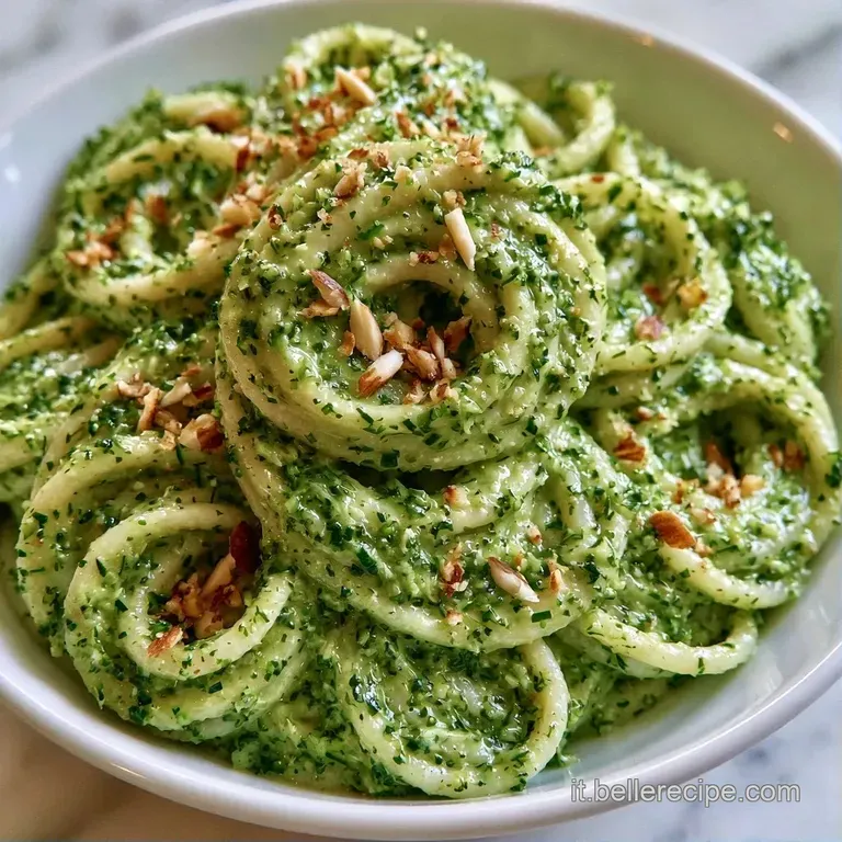 Piatto di ceramica bianca con pasta cremosa verde chiaro, guarnita con scaglie di formaggio e foglie di basilico fresco.