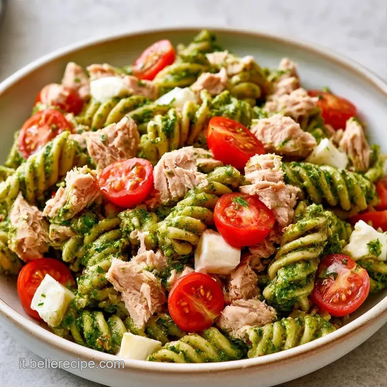 Composizione curata di pasta avvolta in salsa verde vellutata, con tonno sminuzzato e un tocco di pepe nero macinato.