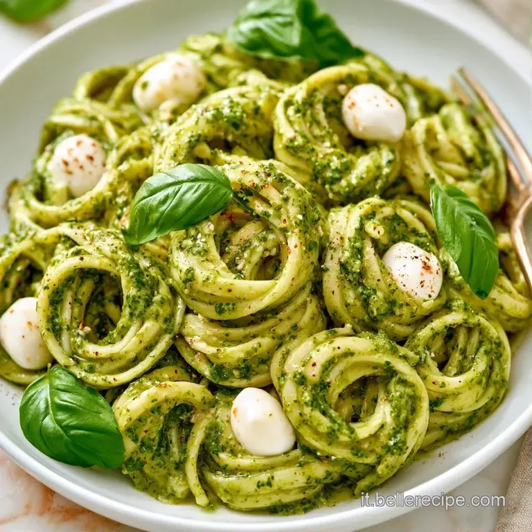 Composizione raffinata di pasta cremosa verde in un piatto bianco, decorata con perle di mozzarella e un filo d'olio.