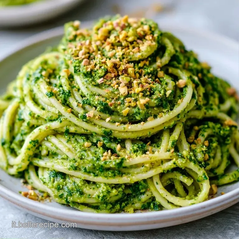 Piatto di ceramica bianca con pasta cremosa verde chiaro, scaglie di pistacchi tostati e un tocco di olio lucido.