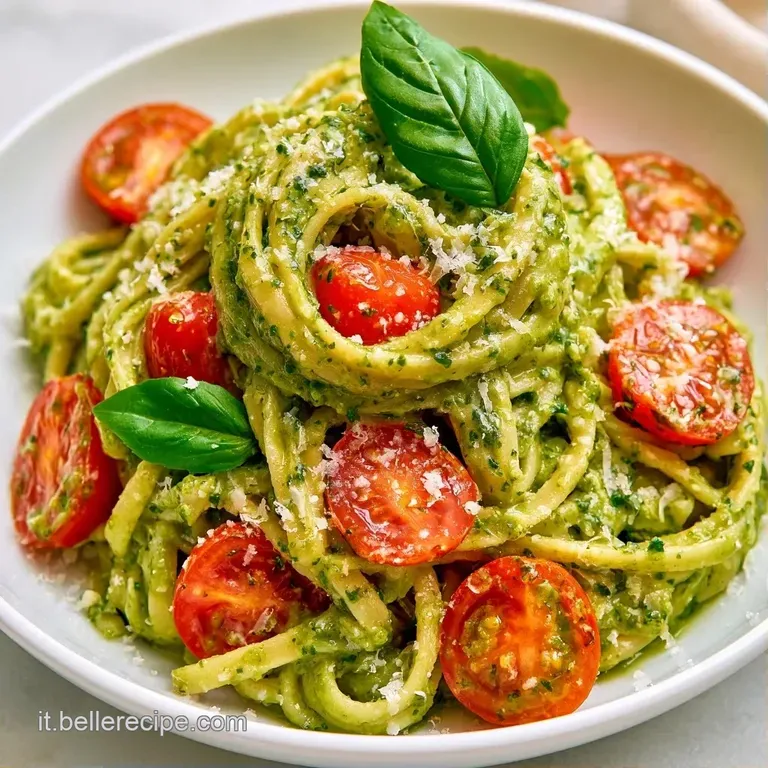 Piatto di ceramica con spirali di pasta verde cremosa, pomodorini tagliati a met&agrave; e scaglie di formaggio bianco.