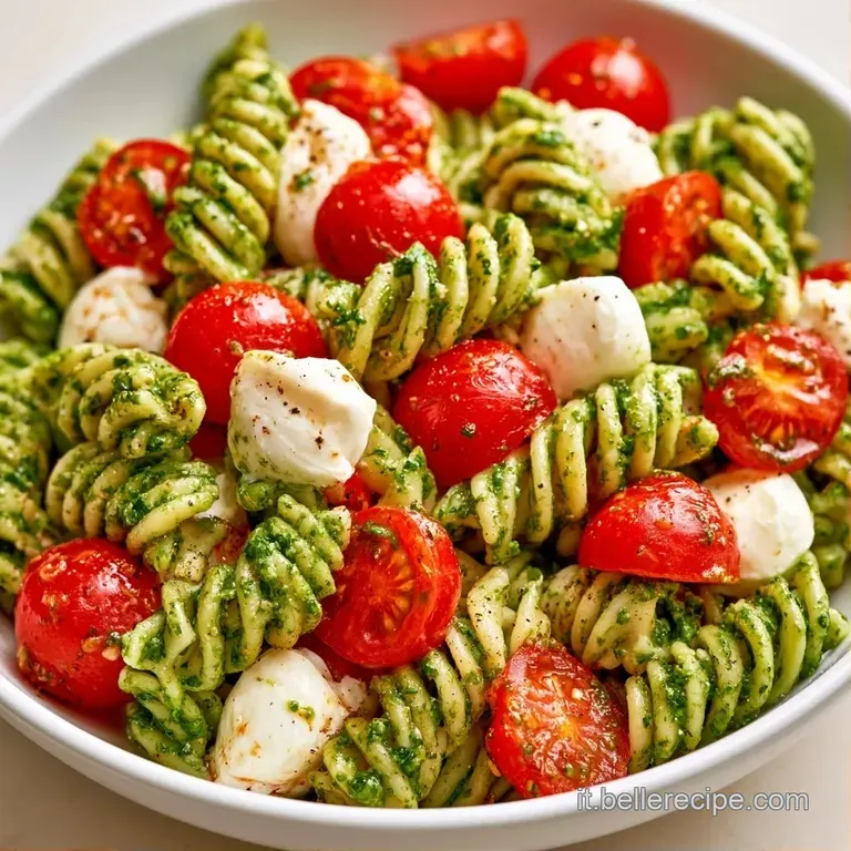 Pasta cremosa verde disposta con cura in un piatto bianco, guarnita con pomodorini tagliati a met&agrave; e foglie di basilico.