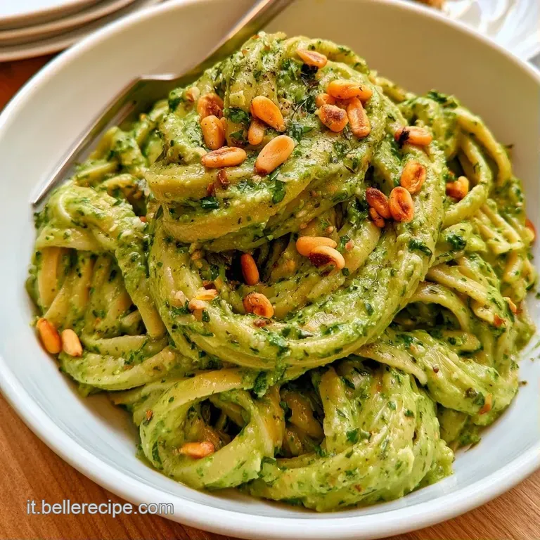 Pasta corta cremosa verde brillante disposta con cura, guarnita con scaglie di formaggio bianco su un piatto moderno.