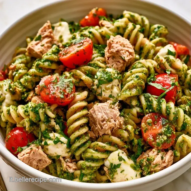 Pasta cremosa verde disposta con cura in un piatto di ceramica, con scaglie di tonno e un tocco di olio lucido.