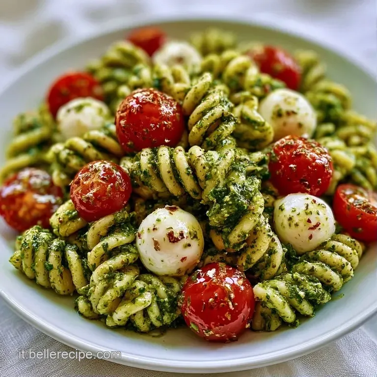 Composizione raffinata di pasta al pesto in un piatto bianco, con scaglie di parmigiano e pinoli tostati dorati.