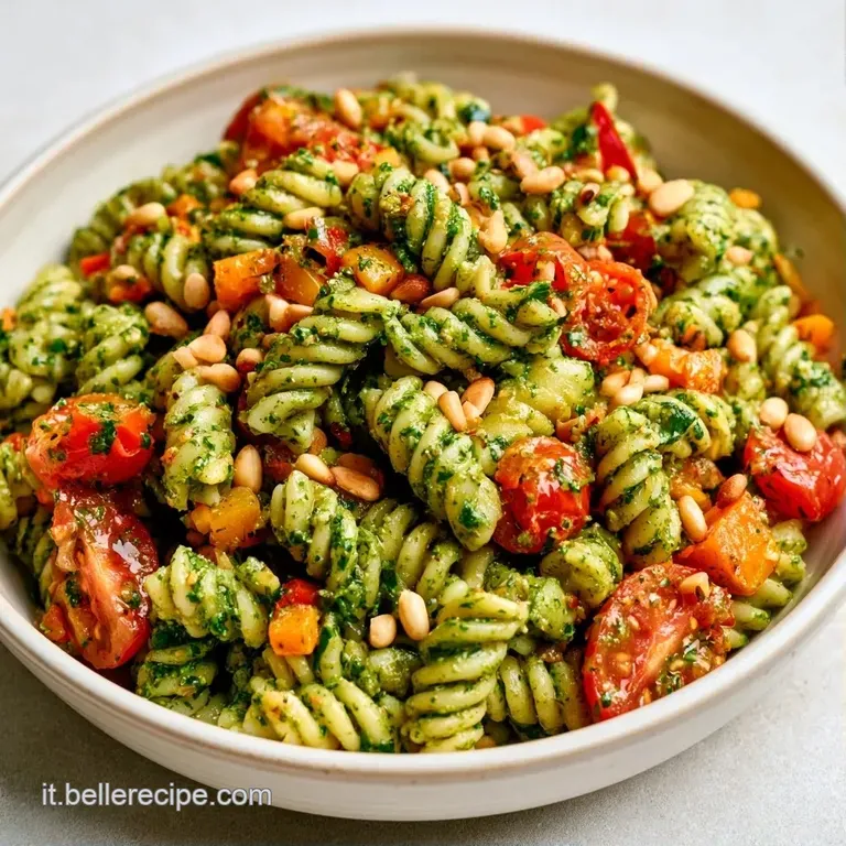 Composizione raffinata di pasta verde brillante in piatto bianco, guarnita con basilico fresco e verdure croccanti.