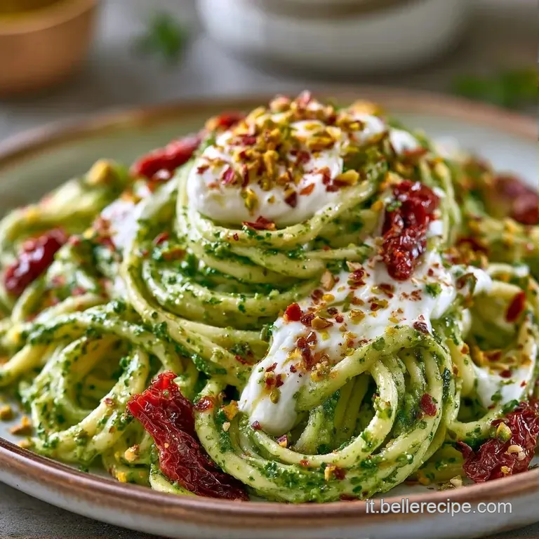 Composezione curata di pasta fredda su piatto bianco con foglie di basilico verde brillante e cubetti colorati.