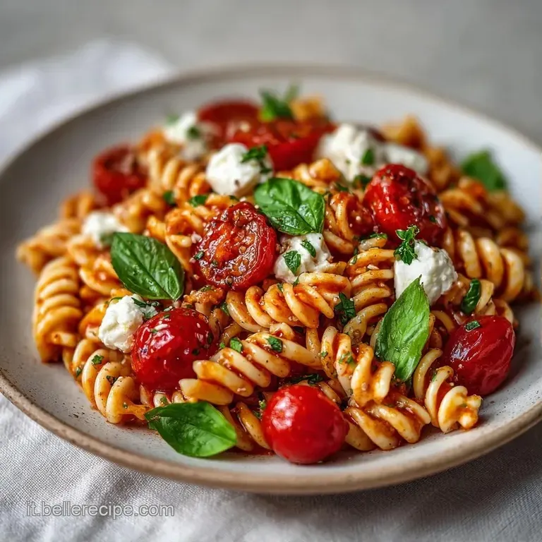 Pasta fresca disposta con cura con pomodorini rossi brillanti e perle di mozzarella bianca su un piatto minimale.