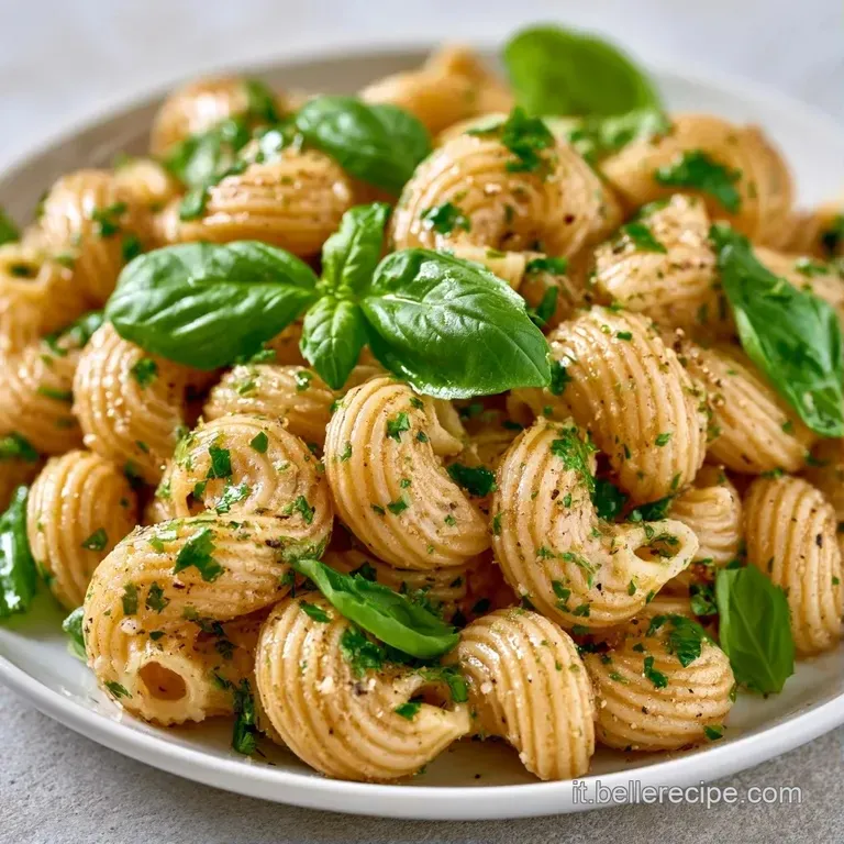 Piatto di pasta fredda lucida e cremosa, decorata con piccoli pomodori ciliegia rossi e foglie verdi di basilico fresco.