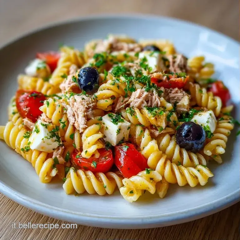 Pasta fredda disposta con cura, decorata con foglie di basilico verde e scaglie di tonno rosato su ceramica bianca.
