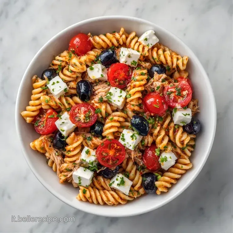 Pasta corta condita con tonno, guarnita con olive nere lucide e foglioline di basilico fresco su un piatto di ceramica.