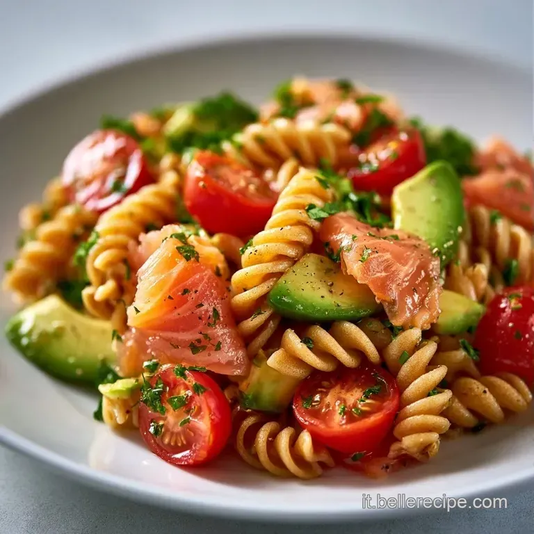 Pasta corta in un piatto di ceramica bianca, condita con salsa di avocado verde e tocchi di salmone rosa brillante.