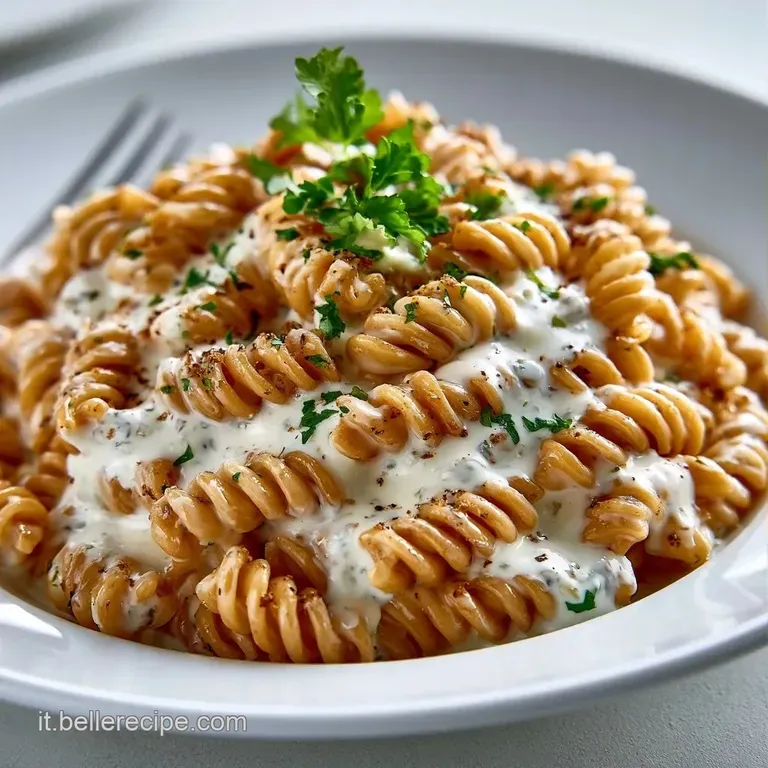 Porzione di pasta cremosa disposta a nido, guarnita con scaglie di tartufo nero e un tocco di erbe verdi fresche.