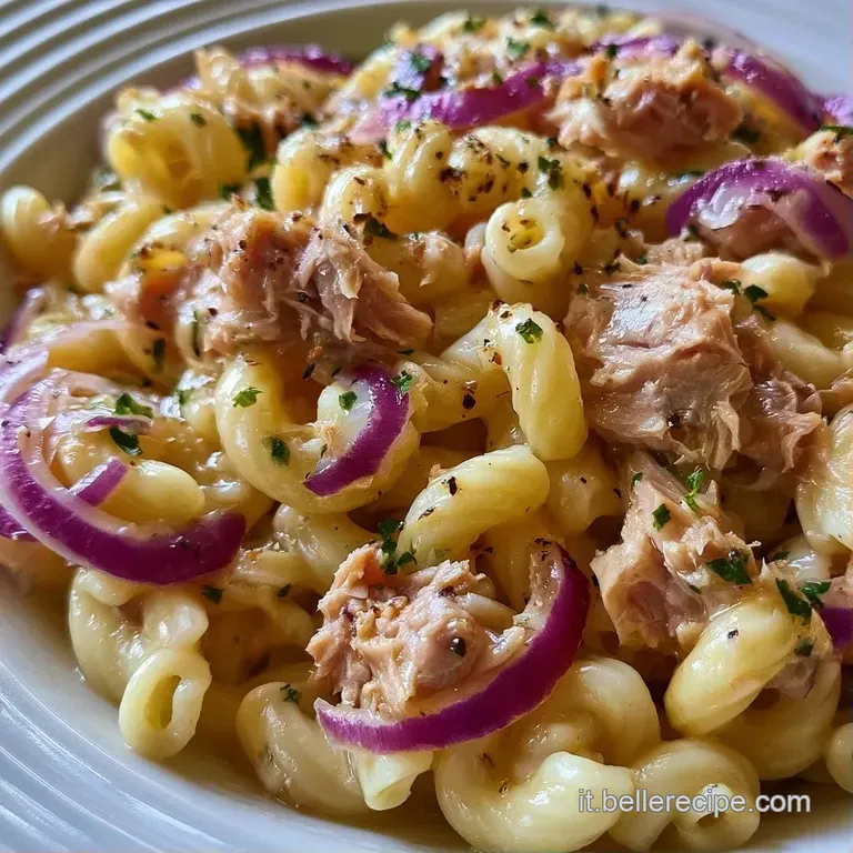 Pasta a spirale lucida disposta con cura in un piatto bianco, arricchita da scaglie di tonno e cipolla trasparente.