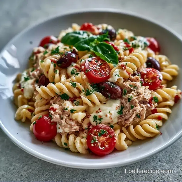 Pasta corta disposta con cura con perle di bufala candida e tonno sminuzzato, guarnita da foglioline di basilico verde.