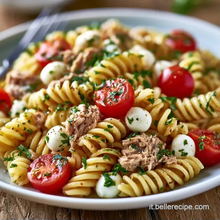 Piatto di ceramica con pasta fredda cremosa, scaglie di tonno naturale e foglie di basilico verde brillante in cima.