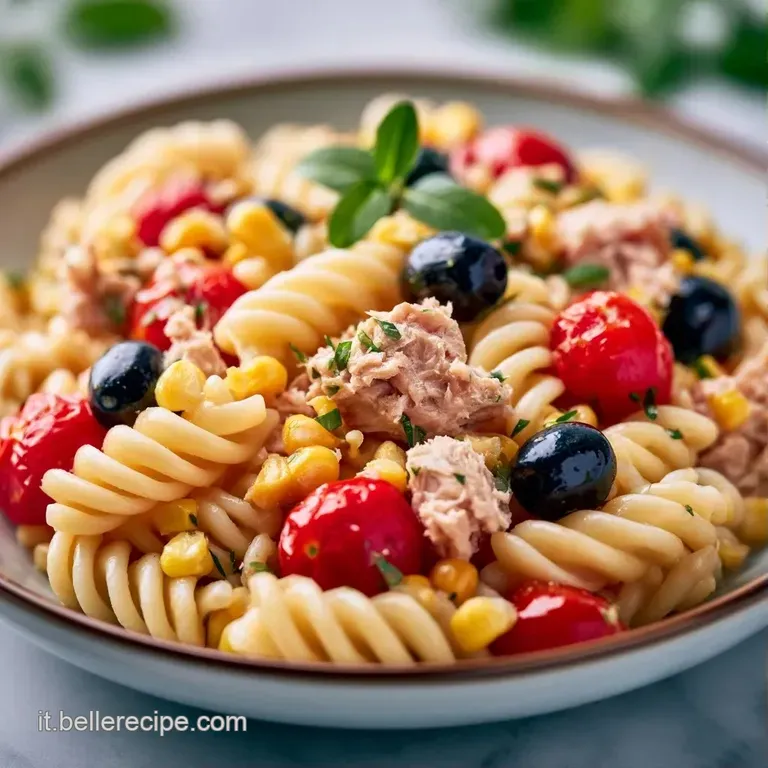 Piatto di ceramica con pasta fredda condita, punteggiata da mais brillante e tonno, guarnita con prezzemolo verde fresco.