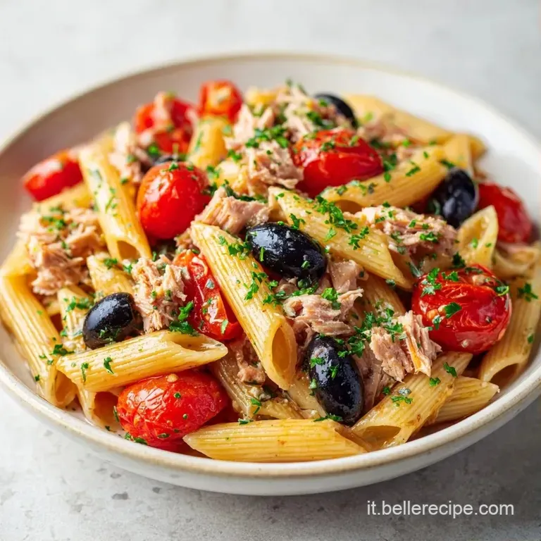 Pasta fredda disposta con cura, pomodorini rosso rubino e scaglie di tonno, illuminata da una luce naturale morbida.