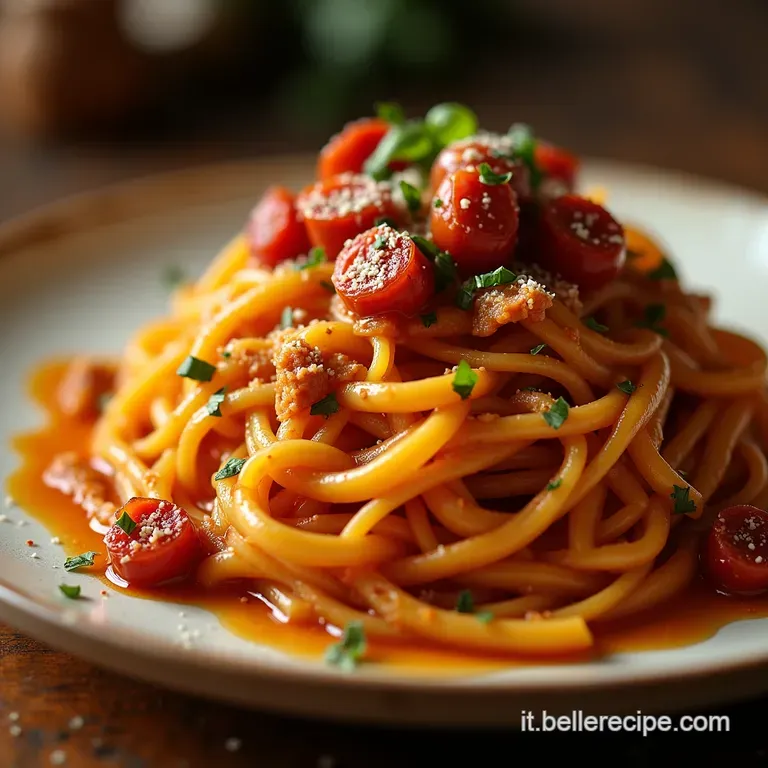 Lesplosione Calabrese Pasta Con Nduja Croccante E Cipolle Rosse Caramellate presentation