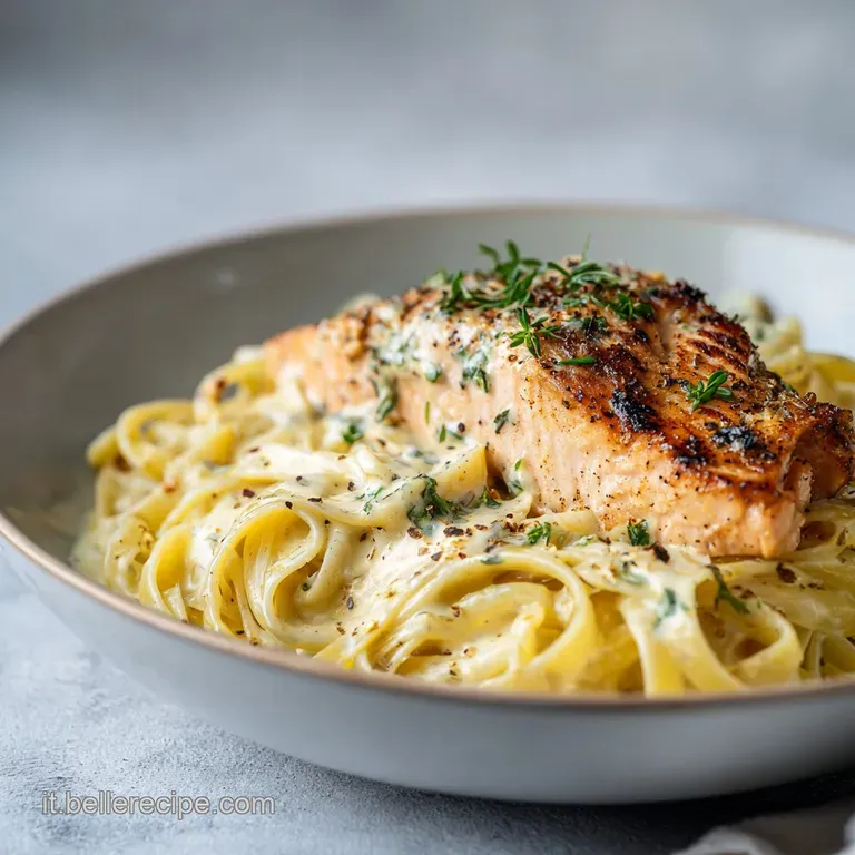 Elegant plate of panna e salmone: Glossy, creamy pasta twirled high, topped with flakes of salmon and vibrant green herbs.