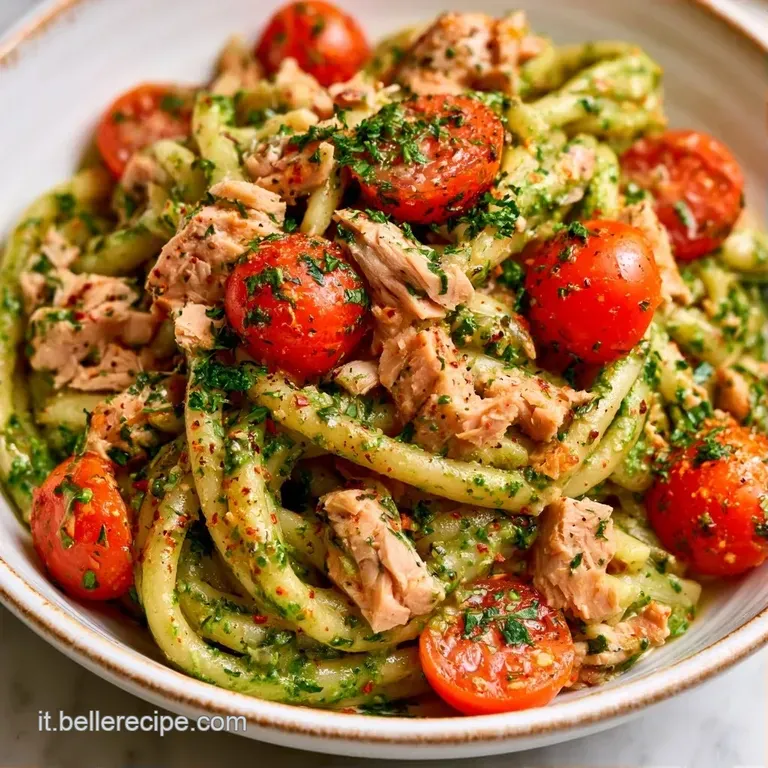 Piatto bianco con pasta cremosa al pesto, piccoli pomodorini rossi interi e tonno disposto con cura in modo raffinato.