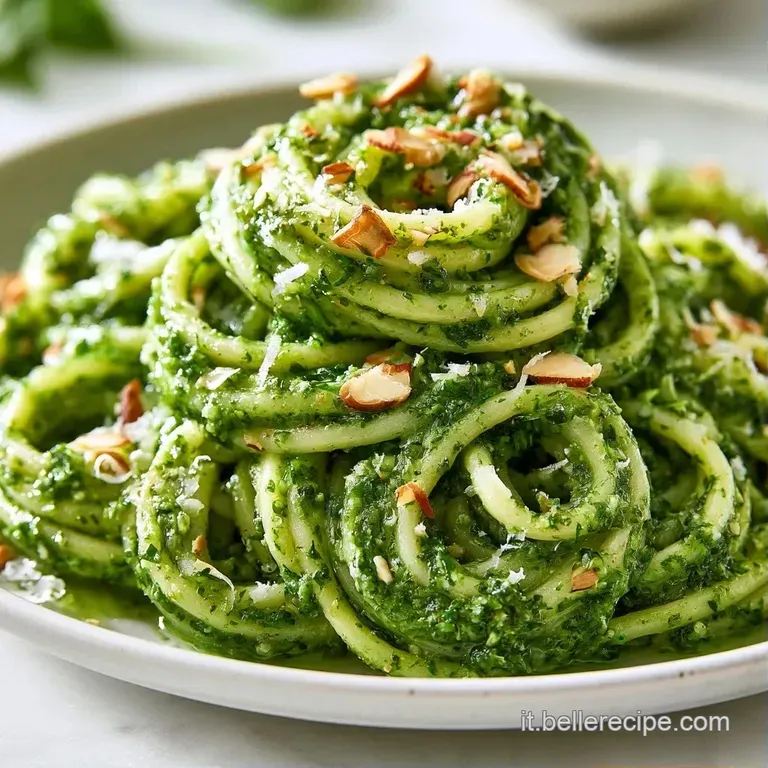 Un nido di pasta cremosa verde disposta con cura, guarnita con lamelle di mandorle dorate e zucchine tenere.