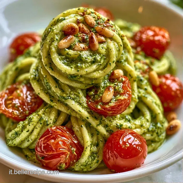 Piatto di ceramica bianca con pasta cremosa verde, pomodorini rossi a met&agrave; e scaglie di formaggio bianco grattugiato.