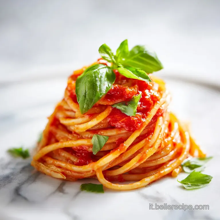 Pasta arrotolata a nido in un piatto bianco, sormontata da pomodorini caramellati e una spolverata di formaggio bianco.