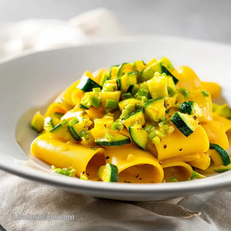 Elegante nido di pasta dorata con zucchine verdi croccanti e scaglie di formaggio bianco su un piatto minimale.