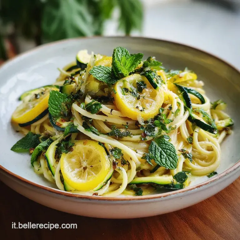 Elegant plate of pasta swirled with zucchini ribbons, dotted with mint leaves, and dusted with lemon zest. Light steam ris...