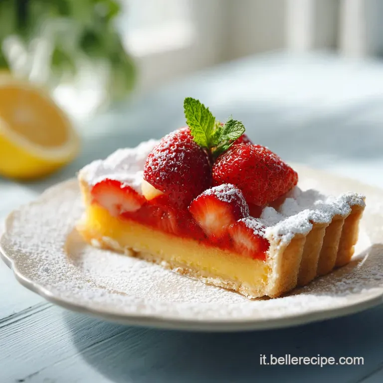 Wedge of Pastiera on a white plate; golden pastry, a dusting of sweetness, and a rich, creamy, inviting filling.