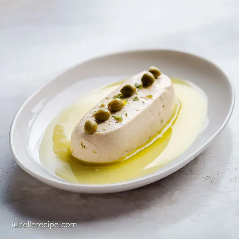 Elegante ciotola di ceramica con mousse di tonno spalmabile, decorata con un rametto di prezzemolo e gocce di olio lucido.