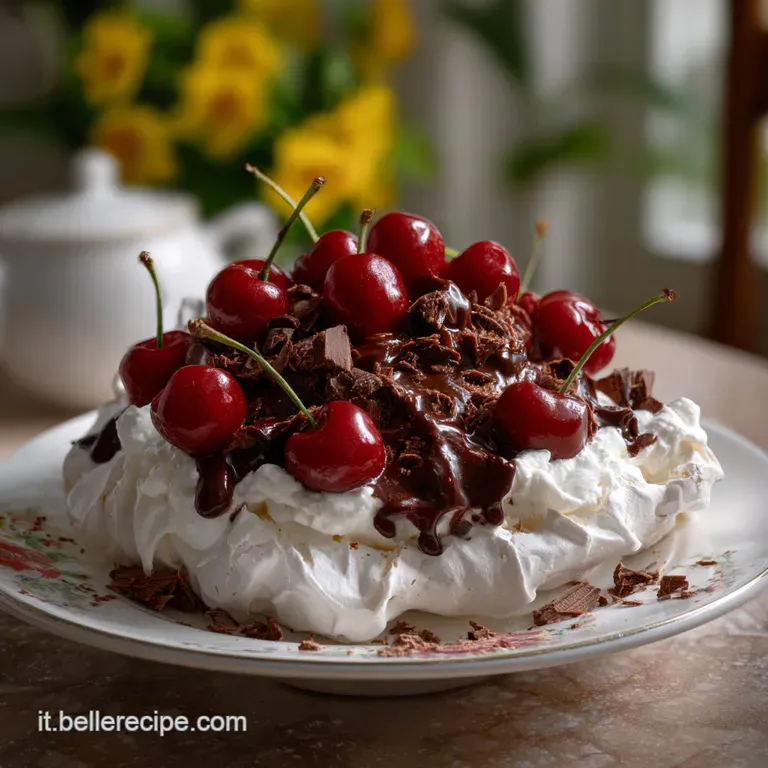 Elegant slice of Pavlova on a white plate. Airy meringue, dark chocolate accents, and vibrant cherries create a stunning v...