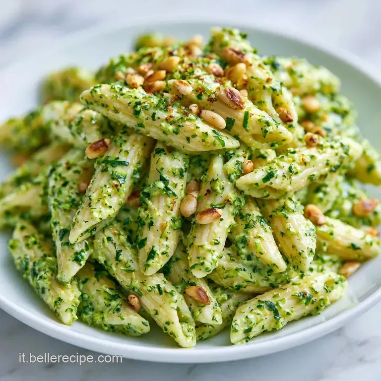 Pasta corta cremosa color smeraldo guarnita con zucchine saltate e una foglia di basilico fresco in un piatto chic.