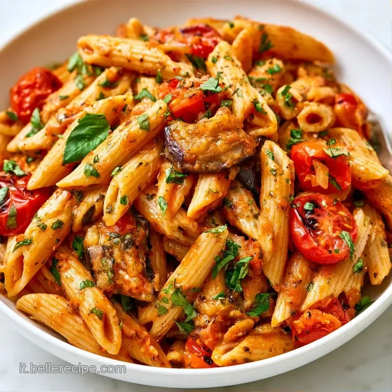 Elegante impiattamento di pasta corta in salsa densa, arricchita da dadini di melanzana scura e pomodorini rossi.