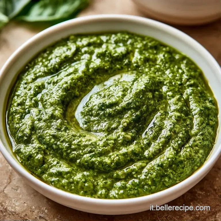 Elegante spirale di pasta lucida ricoperta da una salsa verde brillante, con piccoli grumi di pinoli e formaggio.