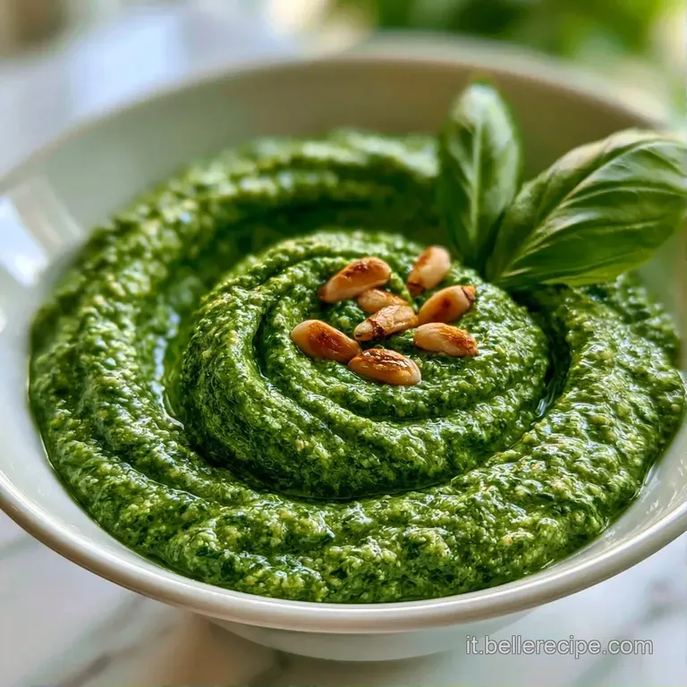Una spirale di salsa verde vellutata su un piatto bianco minimalista, decorata con una foglia di basilico fresco.