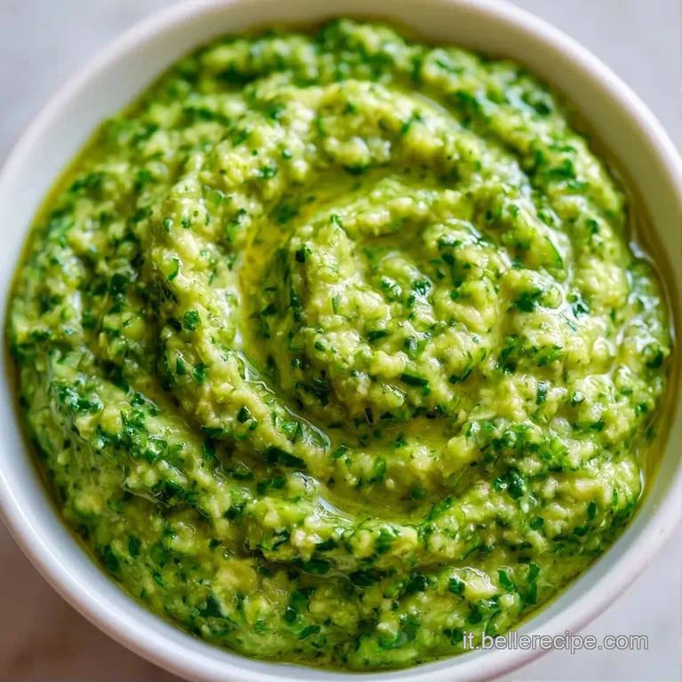 Salsa verde vellutata disposta a spirale su piatto bianco, decorata con una fogliolina di menta e pepe nero.