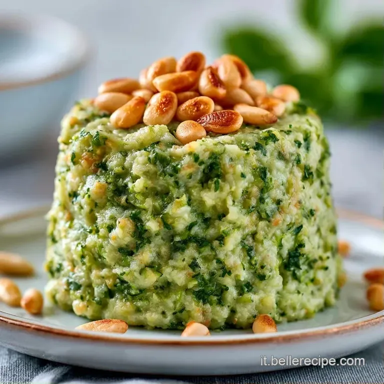 Una spirale di pasta cremosa verde chiaro su un piatto bianco, decorata con gocce di olio dorato e granella di noci.