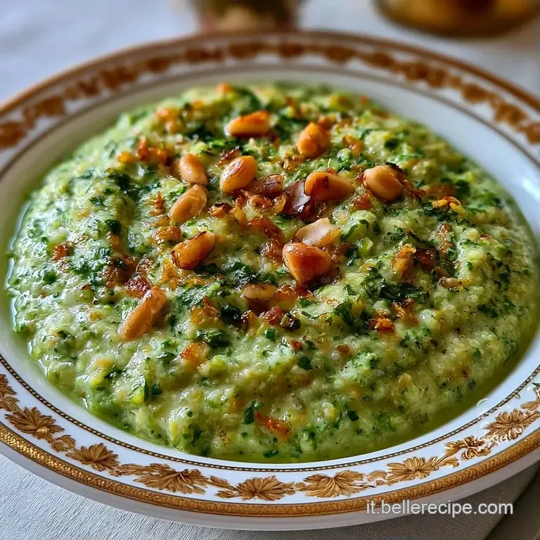 Crema vellutata verde brillante su piatto bianco, guarnita con pinoli tostati croccanti e una foglia di basilico fresco.