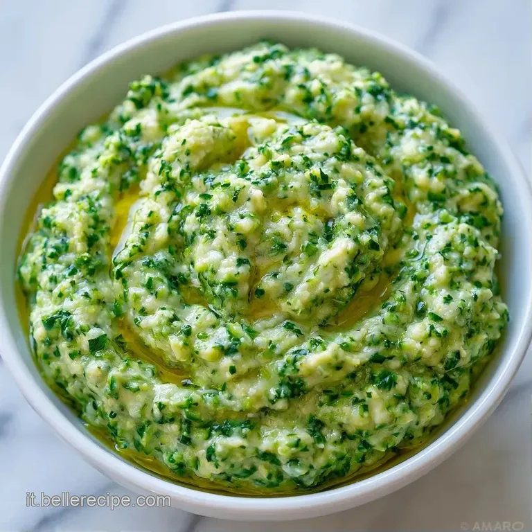 Piatto bianco con una vellutata salsa verde smeraldo, guarnita con foglie fresche e scaglie di formaggio bianco.