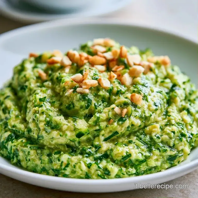 Un elegante vortice di salsa verde chiaro guarnito con pinoli tostati e una foglia di basilico fresco su piatto scuro.