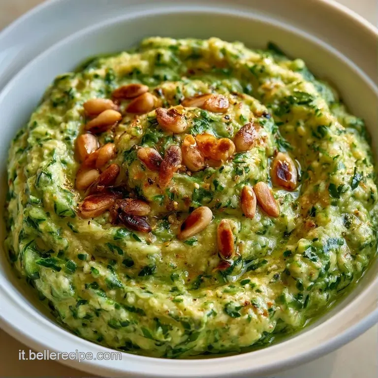 Crema verde vellutata disposta a spirale su piatto bianco, decorata con pinoli tostati dorati e una foglia di basilico fre...