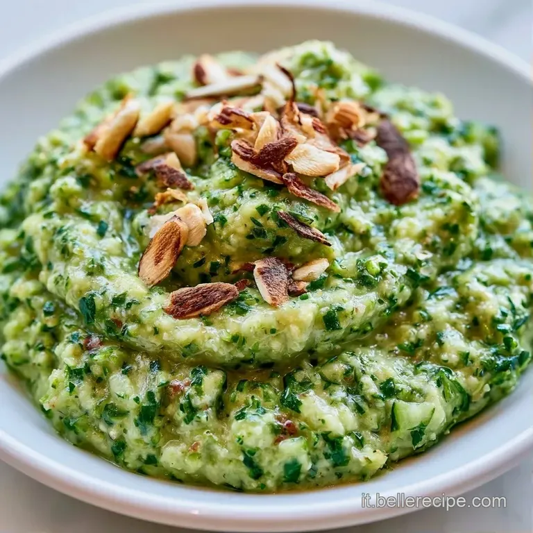Piatto bianco con una spirale di crema verde chiaro, gocce di olio lucido e piccole foglioline di basilico fresco.