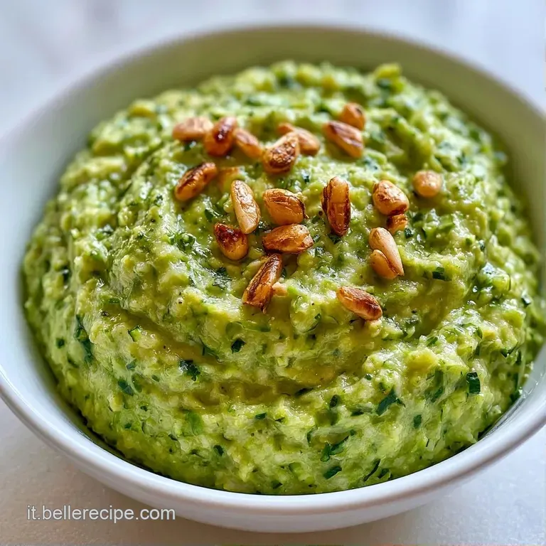 Elegante cucchiaio di salsa verde vellutata decorata con pinoli dorati e un filo d'olio lucido su fondo neutro.