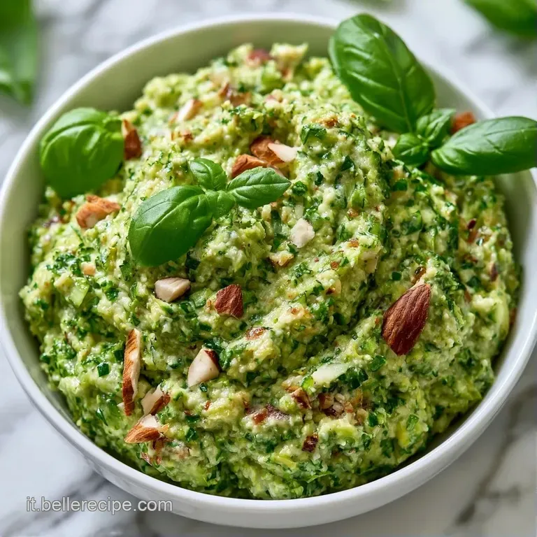 Piatto decorato con salsa verde cremosa, gocce di olio dorato e scaglie di formaggio bianco su sfondo neutro e luminoso.