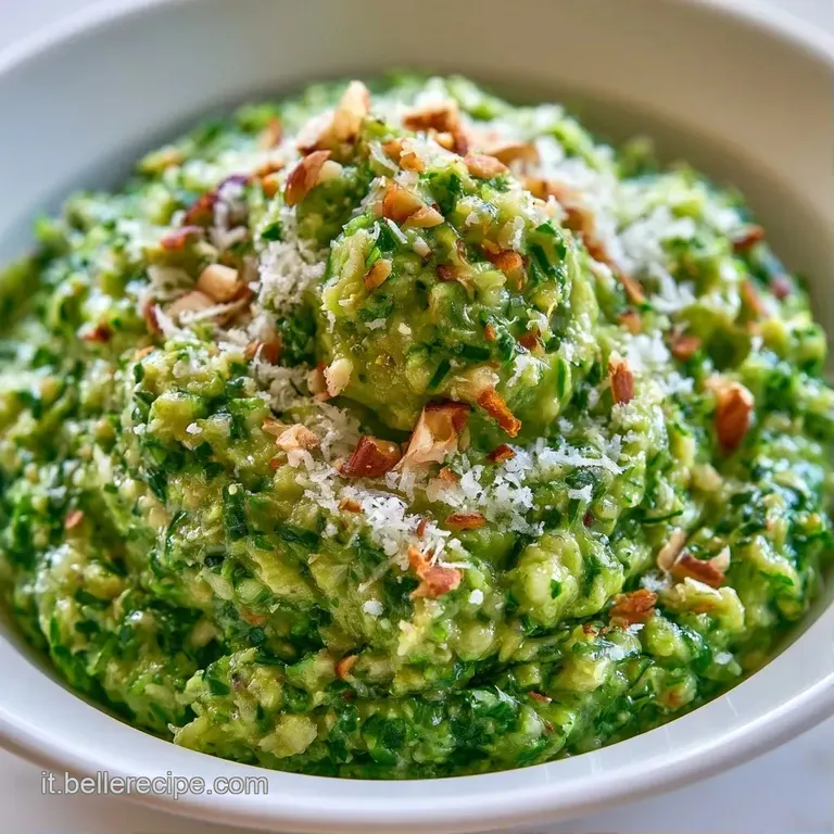 Piatto bianco con una spirale di crema verde densa, guarnita con mandorle a lamelle e un filo d'olio lucido.